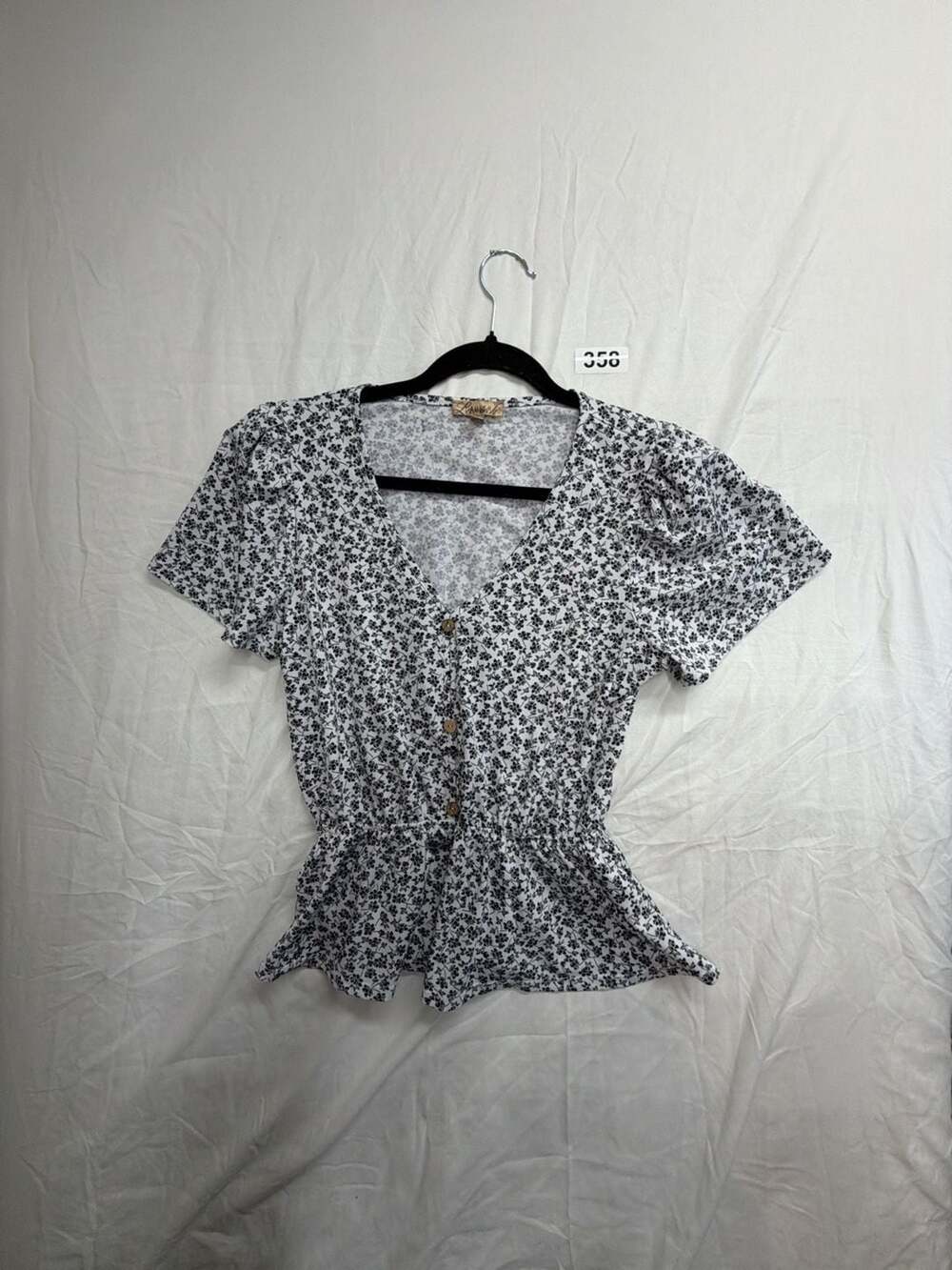 Lavish Black And White Floral Short Sleeve Button Front Peplum Top